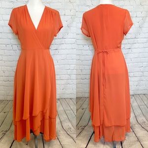 Boohoo night Orange cap sleeves ruffle midi dress